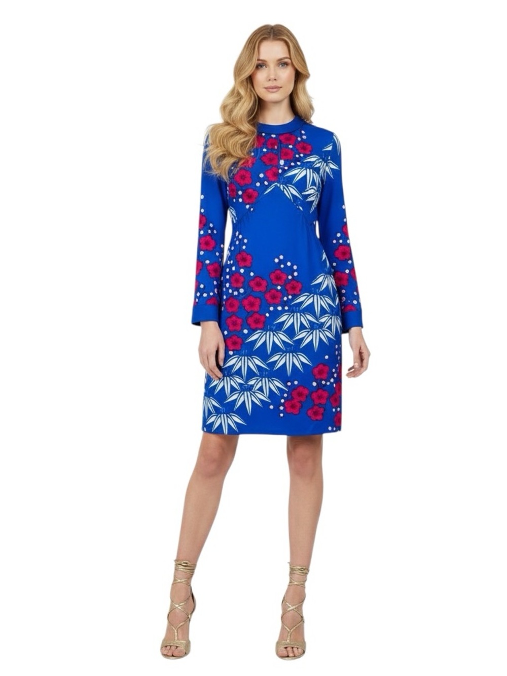 Vintage 70s Hanae Mori Tokyo Blue Bamboo Floral Knit Jersey Dress Size Small